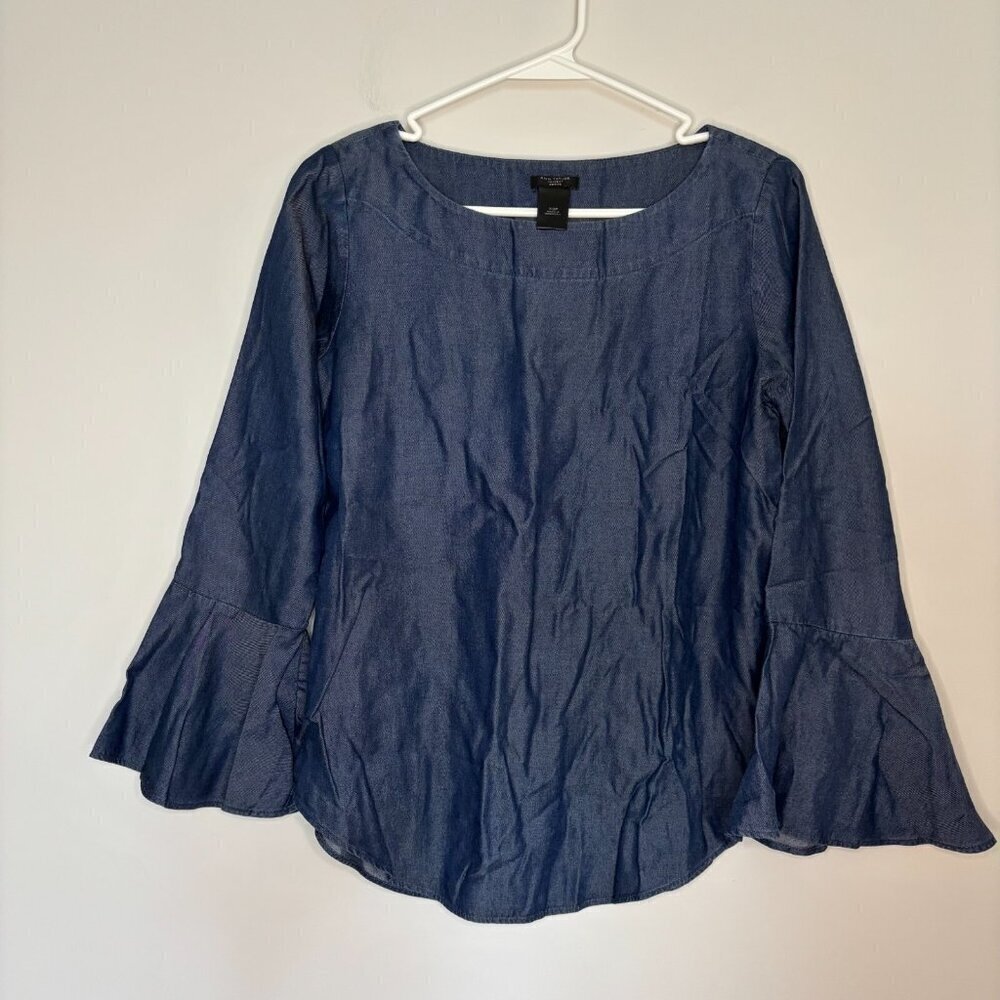 ANN TAYLOR FACTORY Pullover Women's XS Petite Denim Bell Sleeve Round Hem